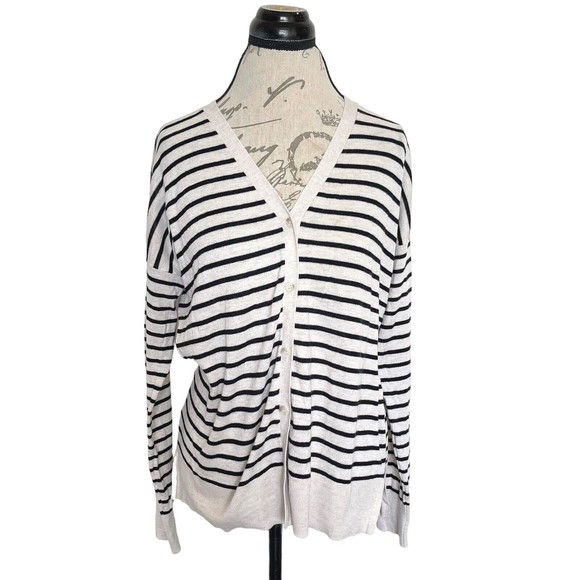 Loft Womens Sweater Medium Cardigan Button Down Striped Beige Wool Blend Ribbed - Picture 1 of 12